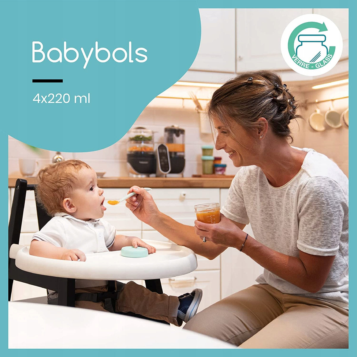 BABYMOOV Babybols pojemniki SZKLANE 4x220ml, szklane pojemniki dla niemowląt z pastelowymi nakrętkami