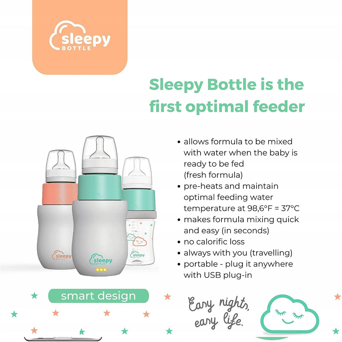 SLEEPY BOTTLE zestaw startowy podgrzewacz z butelk. Butelka do mleka dla niemowląt, biało-brzoskwiniowa, z USB i podgrzewaniem