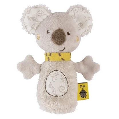 Jasnoszara zabawka koala z dużymi uszami, brązowym nosem i żółtym kołnierzykiem.