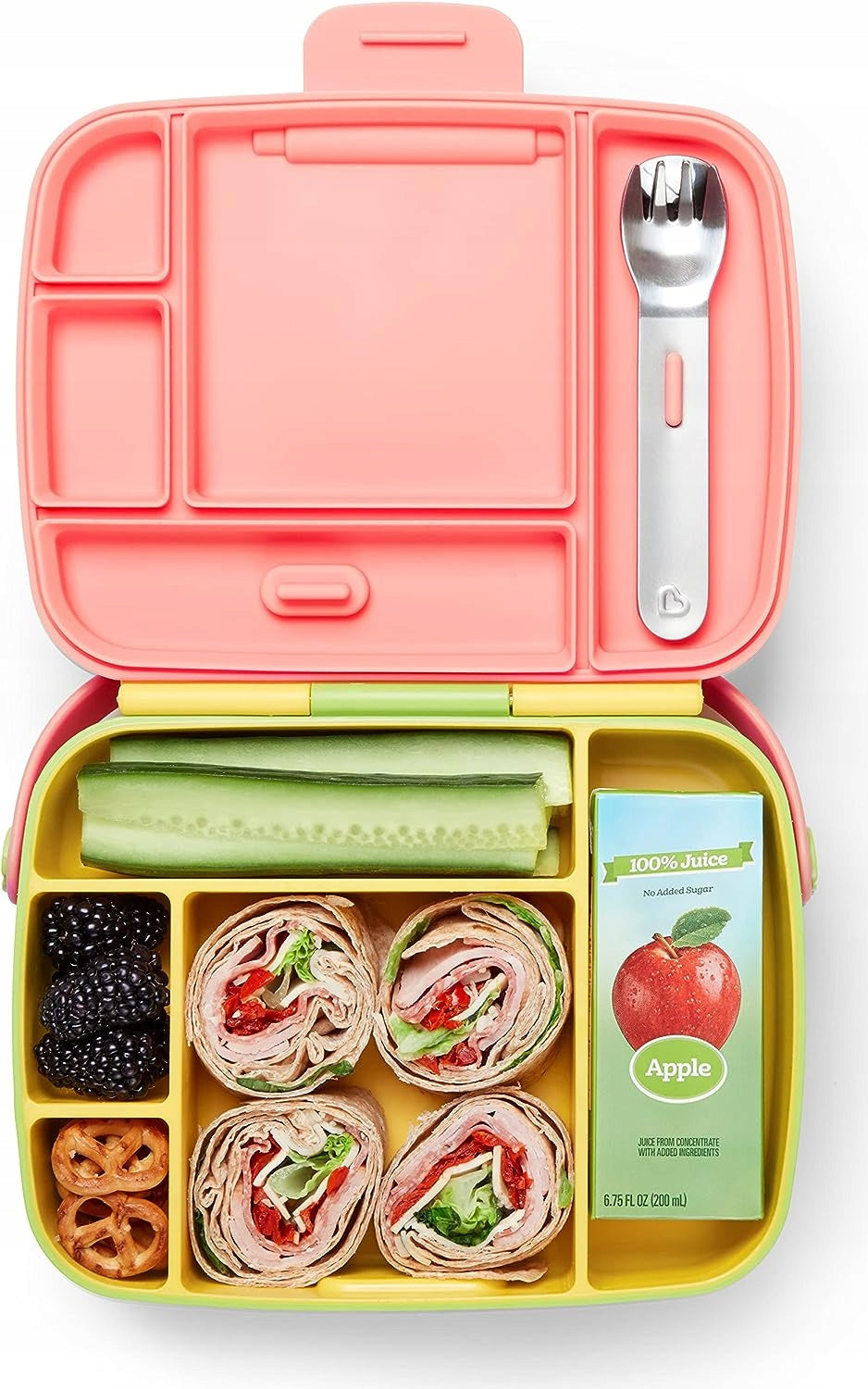 MUNCHKIN Bento Box śniadaniówka + sztućce, 5 komór, różowo-zielono-żółta z lunchowym układem i sztućcami
