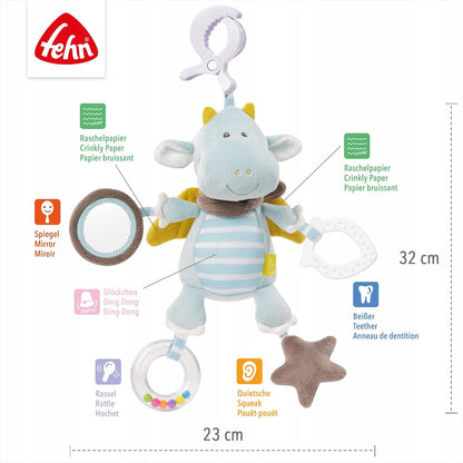 FEHN zawieszka z grzechotką SMOK 32x23 cm, pluszowy smok z lusterkiem, gryzakiem i szeleszczącymi elementami