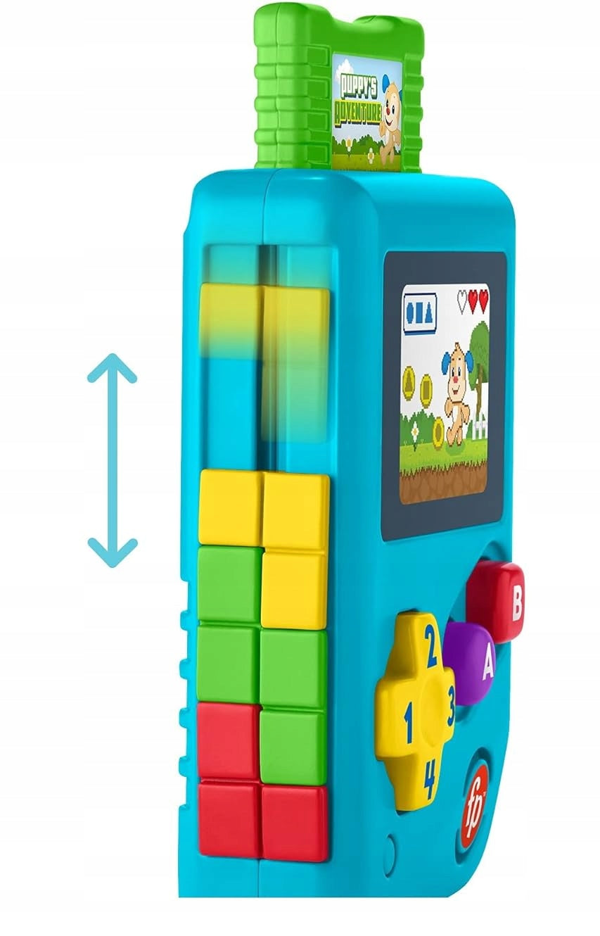 FISHER-PRICE Lil Gamer interaktywna konsola retro J.NIEMIECKI, niebieska zabawka z dźwiękami i przyciskami dla dzieci