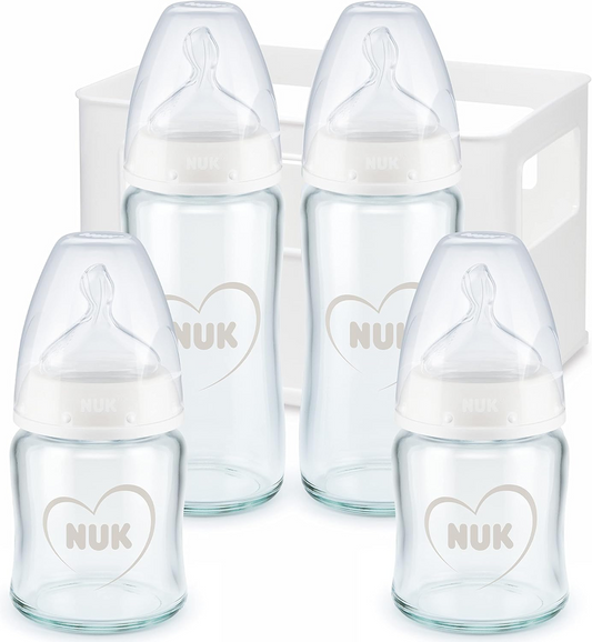 NUK First Choice+ set iniziale 4 BOTTIGLIE IN VETRO + cestino organizer 0-6 m