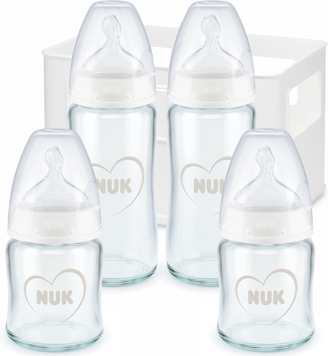 NUK First Choice+ začetni komplet 4 STEKLENIČKE iz stekla + organizator s košarico 0-6 m