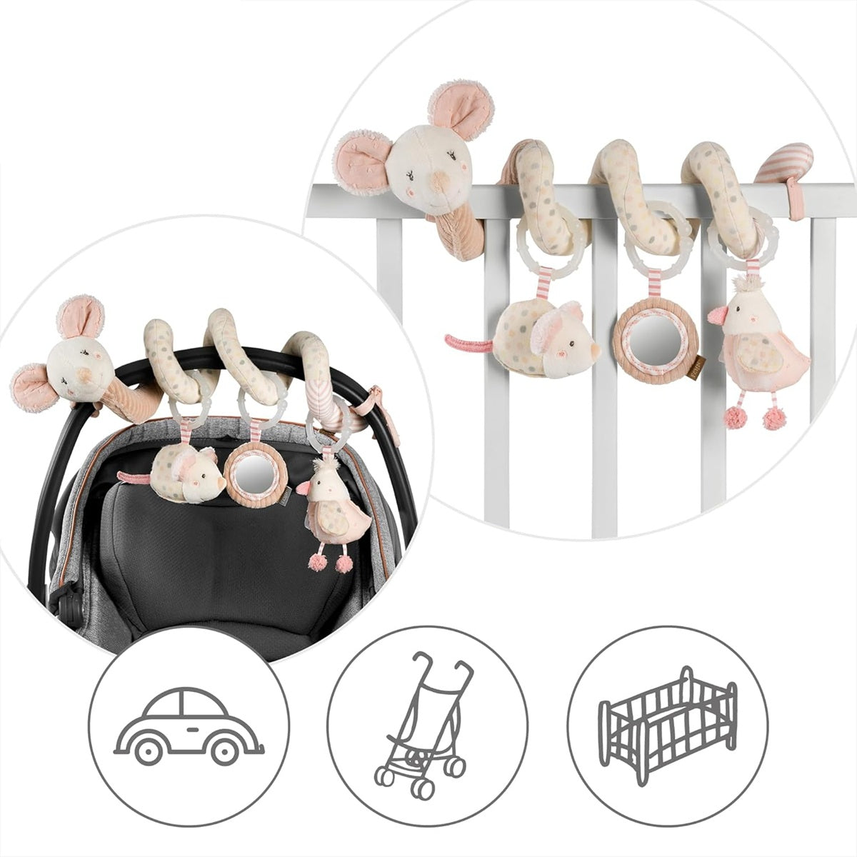 FEHN Spirale Anhänger für Kinderwagen, Bettchen, Babyschale, MAUS 35 cm, leuchtende Stickerei