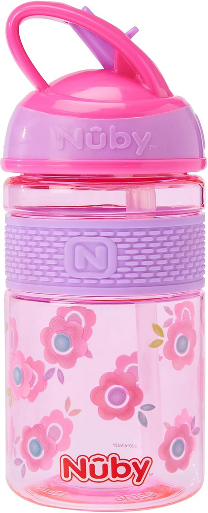 NUBY Vaso con pajita dura de tritán, botella con pajita 3m+ 360 ml FLORES