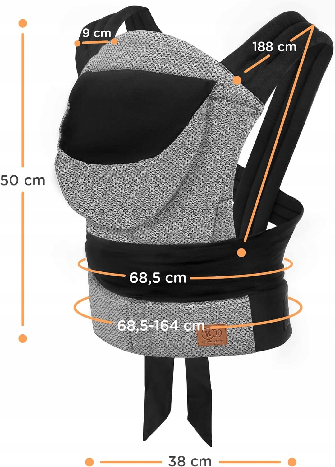 KINDERKRAFT ADOREE nosidełko ergonomiczne MEI TAI czarno-białe z wymiarami i regulacją