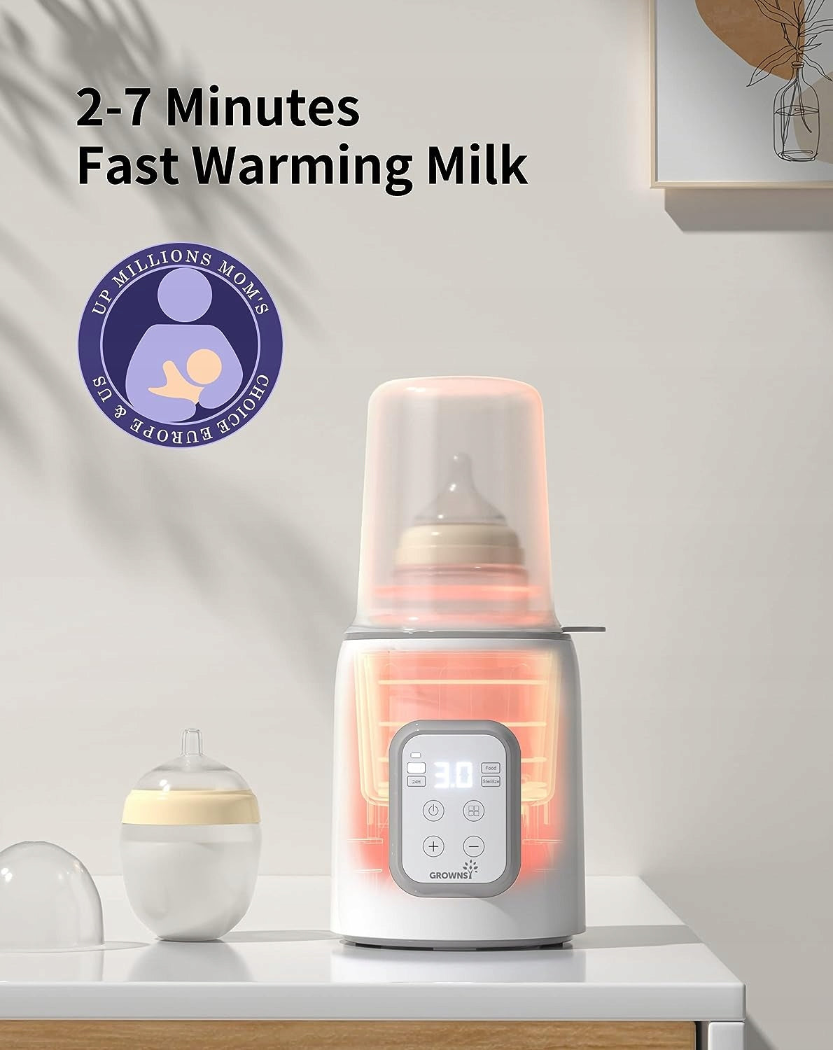 GROWNSY 8w1 sterylizator podgrzewacz do butelek, szybkie podgrzewanie mleka w 2-7 minut, biały, BPA-free