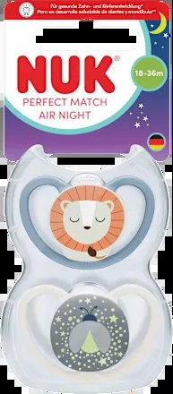 NUK Perfect Match Air Night smoczki uspokajające 18-36 mies. zestaw 2 smoczków nocnych z miękkiego silikonu Air