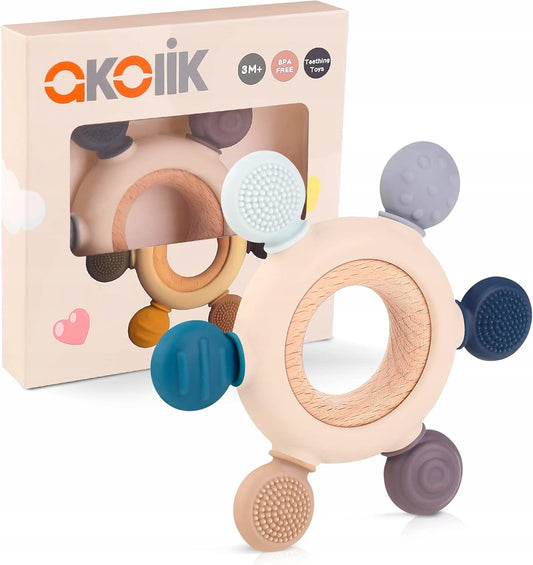 AKOLIK silikonsko-leseno masažno grizalo 10,8 cm, 3 m+