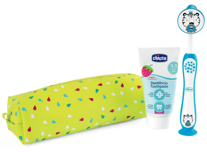 CHICCO set cepillo de dientes con ventosa y pasta de fresa + estuche
