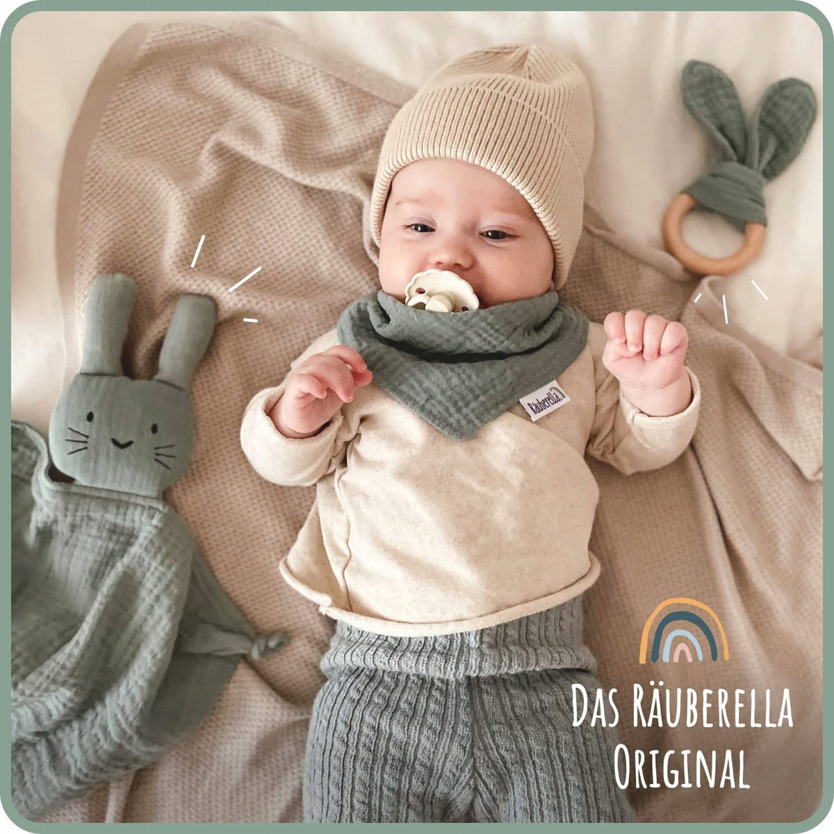 NUDU BABY zestaw muślina KOMFORTER śliniak GRYZAK dla niemowlaka, miękki komplet w kolorze zielonym