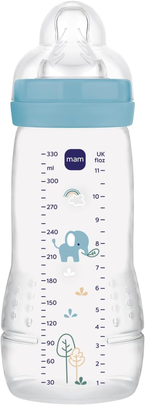 MAM Easy Active butelka 330 ml 6 m+ smoczek 4 bardzo szybki przepływ SŁOŃ, przezroczysto-niebieska