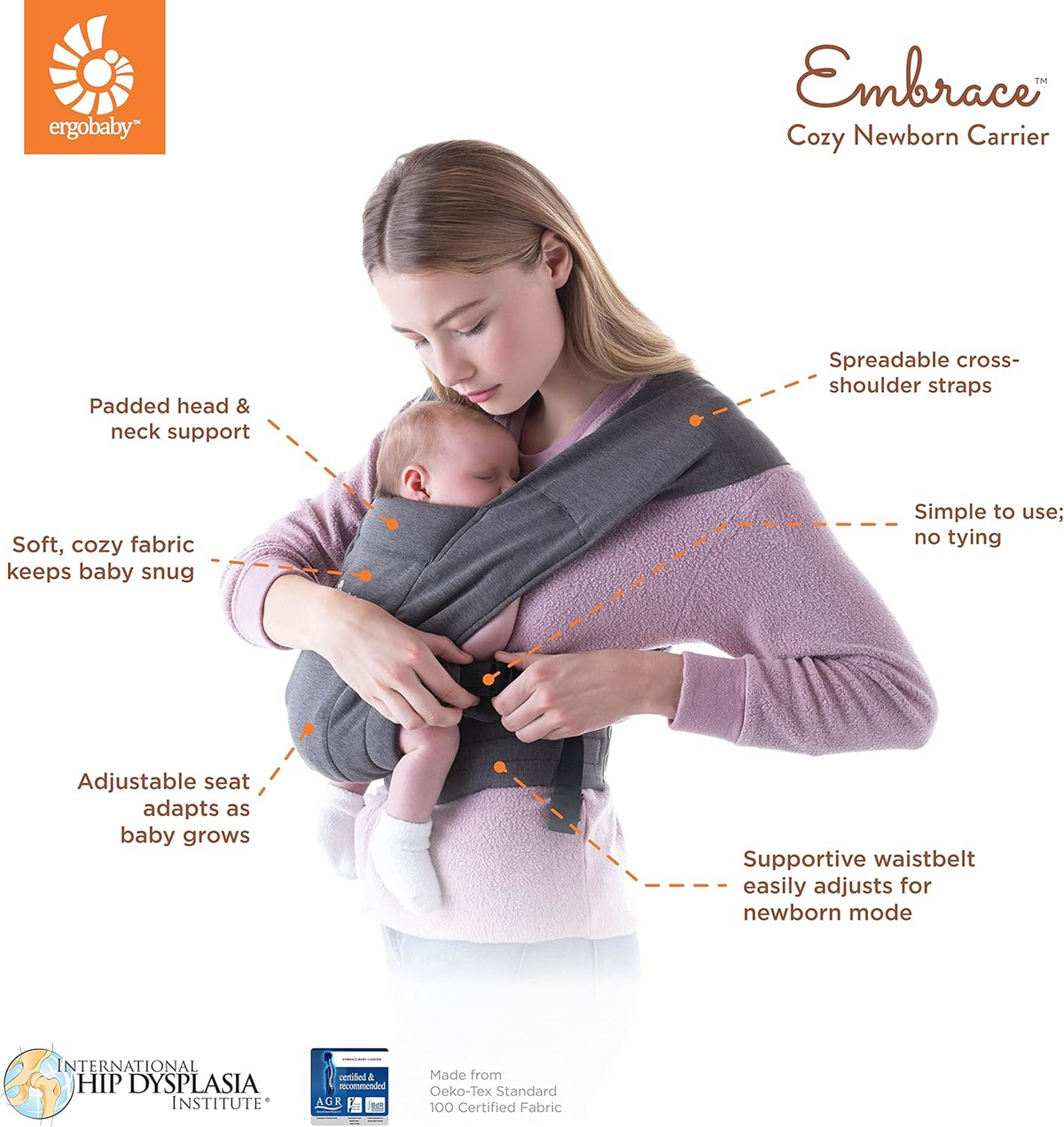 ERGOBABY EMBRACE nosidełko dla noworodków, ergonomiczne i miękkie, z podporą głowy, regulowanym siedziskiem i pasem biodrowym
