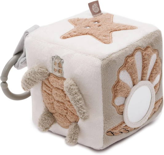 JOLLEIN Activity Cube pluszowa zawieszka kostka z grzechotką i lusterkiem 11x11 cm