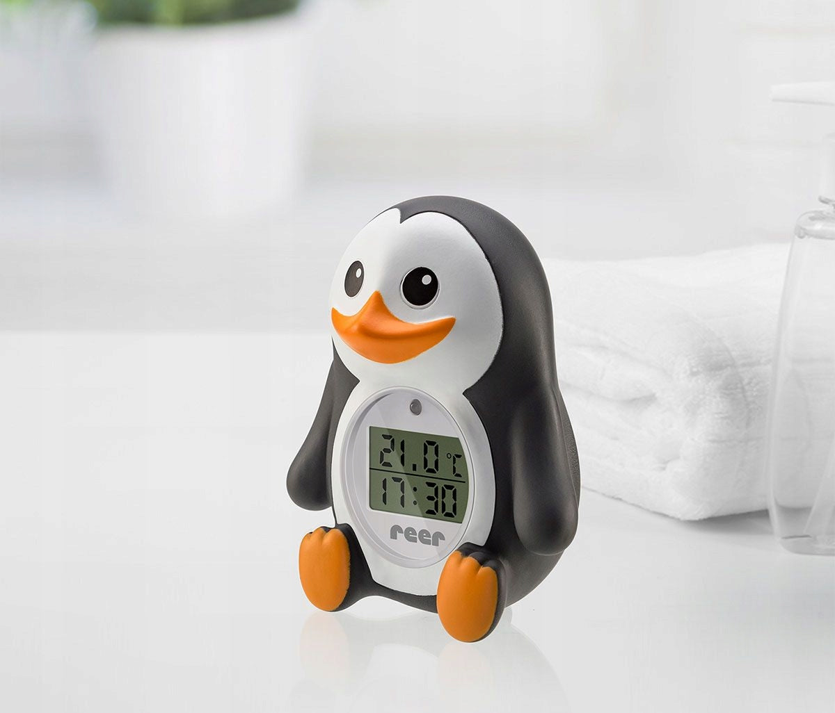 REER MyHappyPingu 2w1 cyfrowy termometr kąpielowy i pokojowy, pingwin z wyświetlaczem temperatury i timera