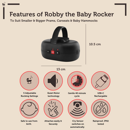 Grafika czarnego bujaka Zazu Baby Rocker z oznaczeniami wymiarów i ikonami opisującymi urządzenie.