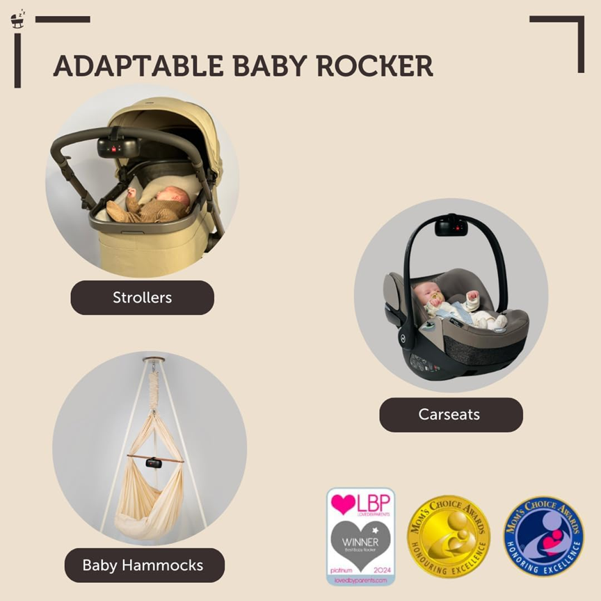 Grafika Zazu Baby Rocker przedstawiająca wózek, fotelik samochodowy i podwieszane łóżeczko.