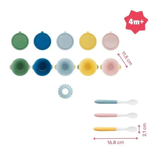 BADABULLE set di ciotole con ventosa e coperchi x5 + cucchiaini x3