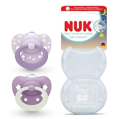 NUK First Choice Classic smoczek uspokajający 0-6m x2, fioletowy zestaw Day & Night z etui