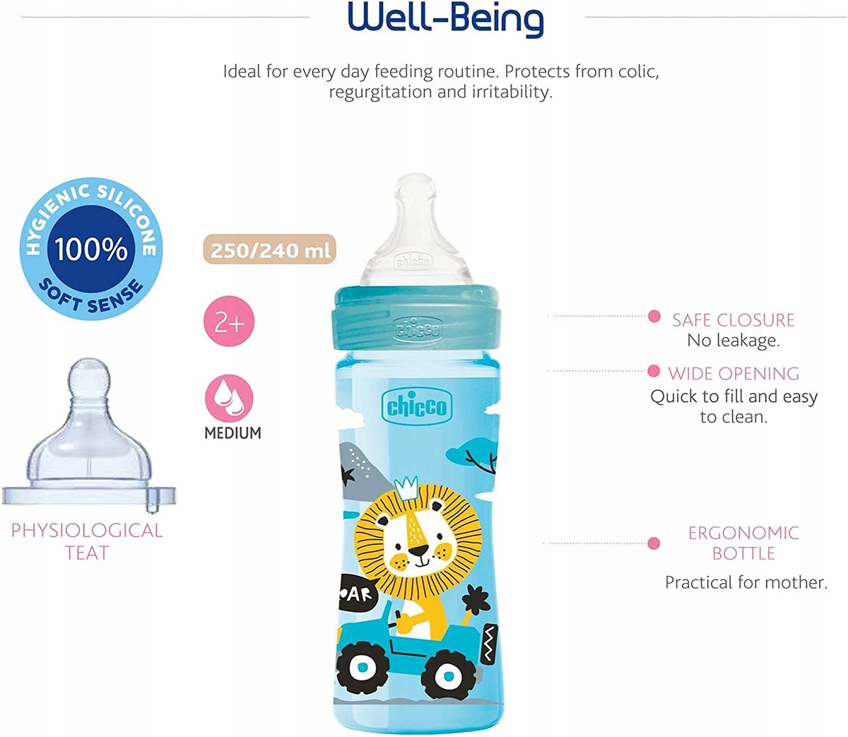 CHICCO Well-Being Flasche 250ml 2M+ mittlerer Durchfluss