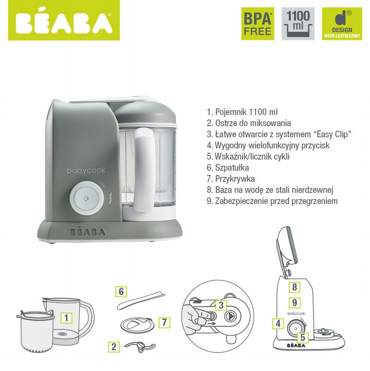 BEABA Babycook ROBOT KUCHENNY 4w1 parowar, mikser, podgrzewacz, rozmrażacz, BPA free, 1100 ml, szary