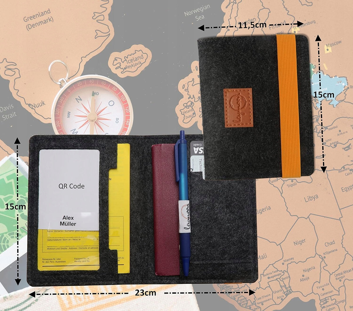 LEYMOON ORGANIZER ETUI na dokumenty kartę szczepień, czarne etui z przegródkami i gumką, 11,5 x 15 cm