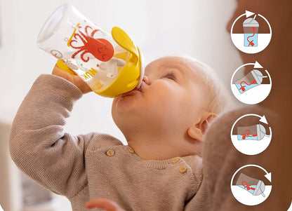 NUK Motion Cup NIEKAPEK z elastyczną słomką 8 m+ żółto-biały kubek dla dziecka 230 ml BPA-free