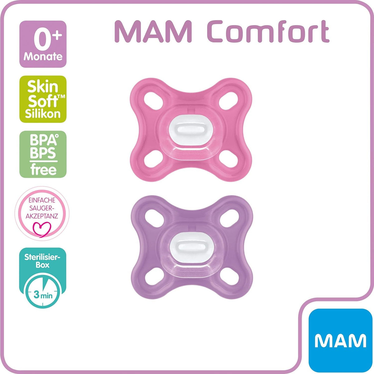 MAM COMFORT smoczek wcześniak noworodek x2 0msc+ różowy i fioletowy silikon BPA/BPS free