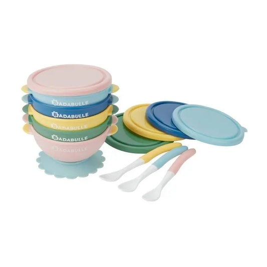 BADABULLE set di ciotole con ventosa e coperchi x5 + cucchiaini x3