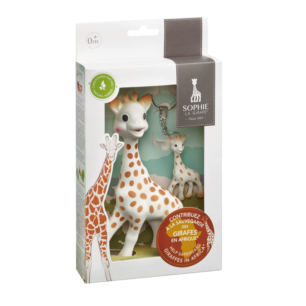 Opakowanie zestawu Sophie la girafe z gryzakiem w kształcie żyrafy i brelokiem.