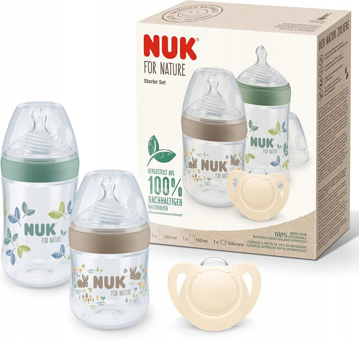 NUK for Nature zestaw 2 x butelka + smoczek kontrola temperatury, startowy komplet dla niemowląt 150 ml i 260 ml