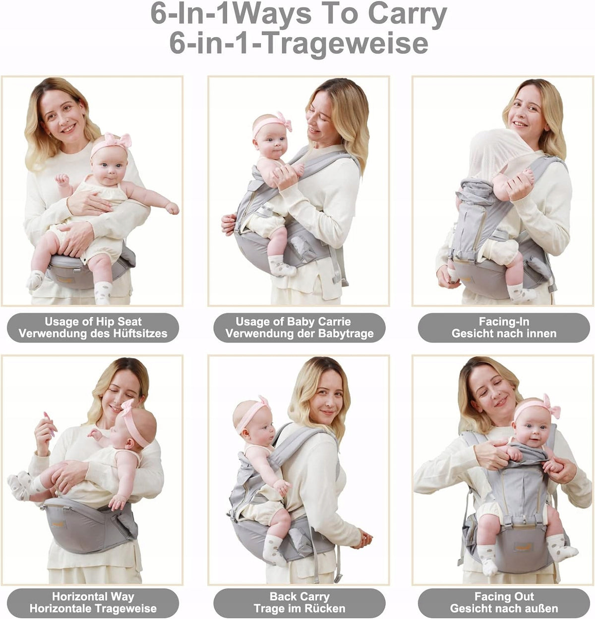 GROWNSY nosidełko ergonomiczne z pasem biodrowym 6w1, szare, 6 sposobów noszenia dziecka