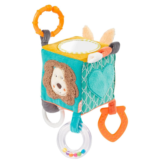 FEHN Activity Cube plišasti obesek v obliki kocke z ropotuljico 10 x 10 cm