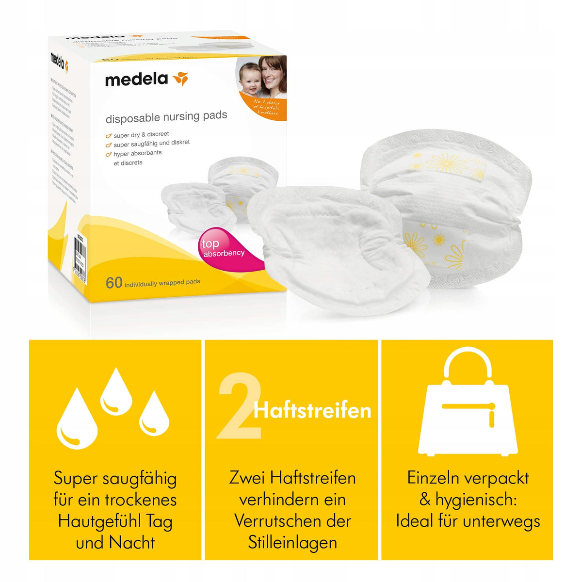 MEDELA Safe&Dry wkładki laktacyjne x60 SUPER, super chłonne i higieniczne wkładki z 2 paskami kleju