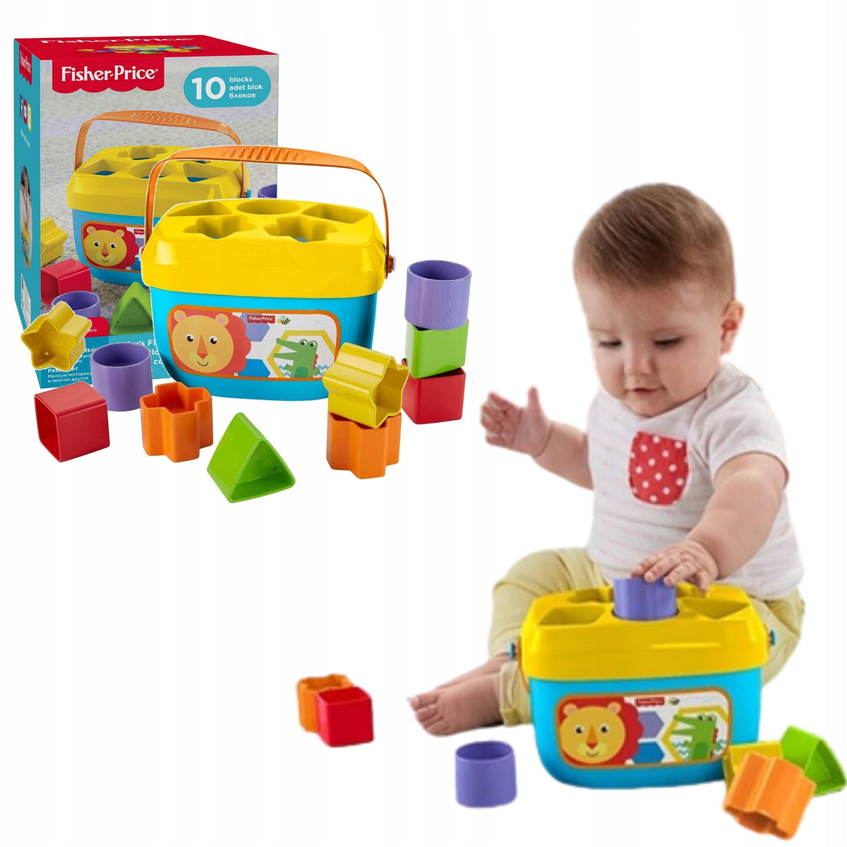 FISHER-PRICE sorter Pierwsze klocki 10klocków 6m+ z 10 kolorowymi klockami i pojemnikiem do sortowania dla dzieci