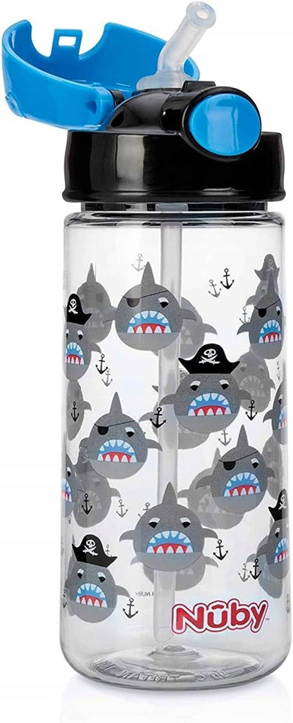 NUBY Vaso con pajita de tritán, botella con pajita 4m+ 540 ml TIBURÓN