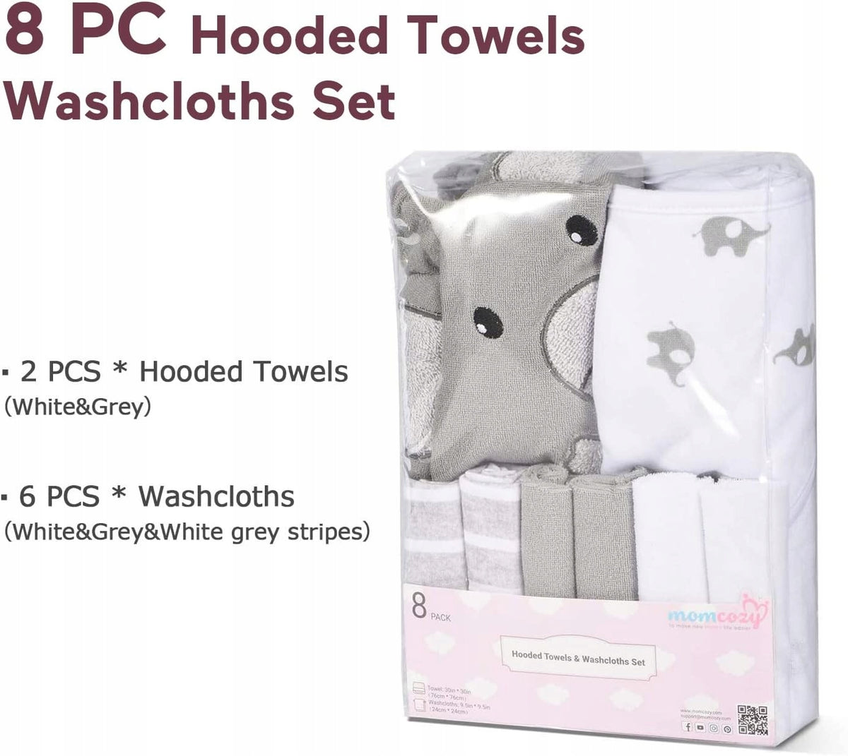 MOMCOZY ręcznik z kapturem x2 76x76 +6 24x24 ściereczki do mycia, 8-częściowy zestaw dla niemowląt