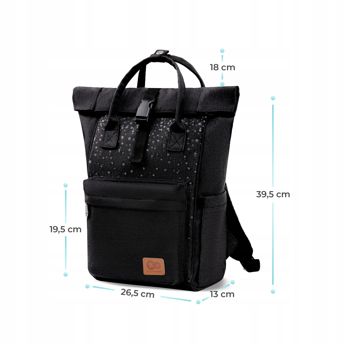 KINDERKRAFT MOONPACK CONFETTI plecak na pieluchy i akcesoria, czarny z wymiarami