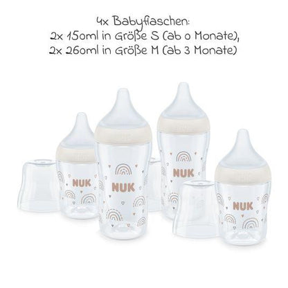 NUK Perfect Match Rainbow zestaw startowy butelki 150 / 260 ml 3m+ – 4 butelki, system Anti-Colic