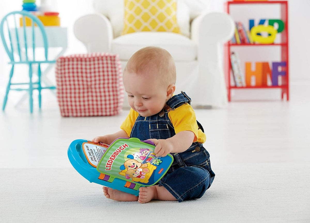 FISHER-PRICE CDH40 elektroniczna książeczka edukacyjna JĘZYK NIEMIECKI dla dzieci 6 m+, niebieska, interaktywna