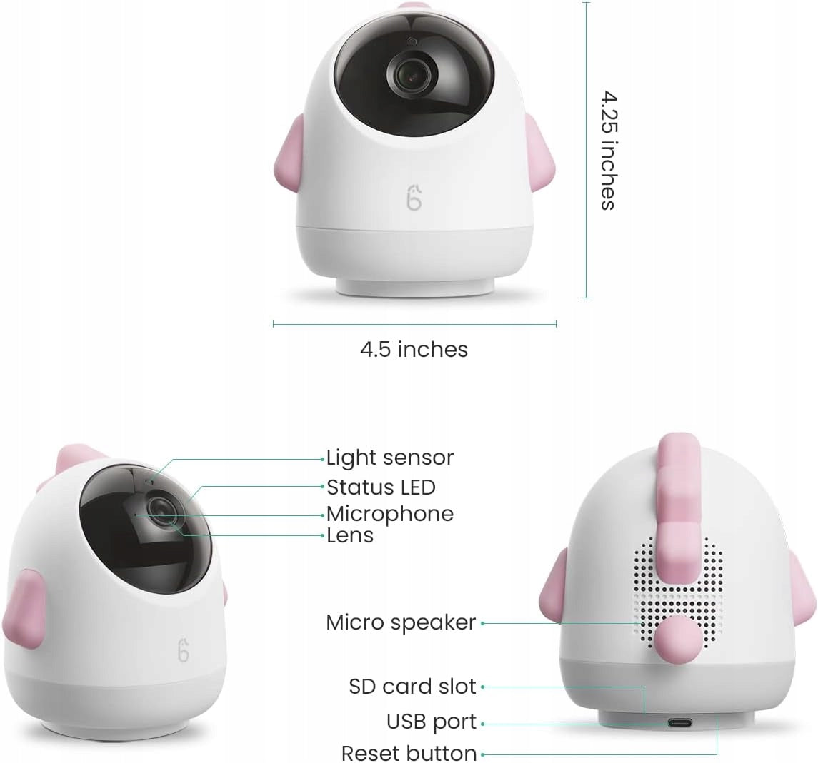 SIMSHINE Baby Pro kamera 2K FHD 360° niania elektroniczna iOS Android + uchwyt, biało-różowa z funkcją PTZ