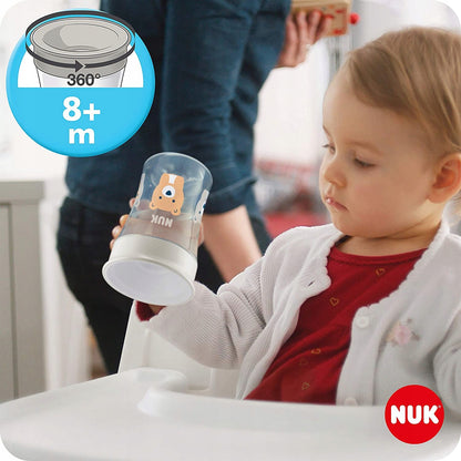 NUK zestaw do nauki picia kubek + 3 ustniki, kubek treningowy 360° 8m+, biało-szary, 230 ml