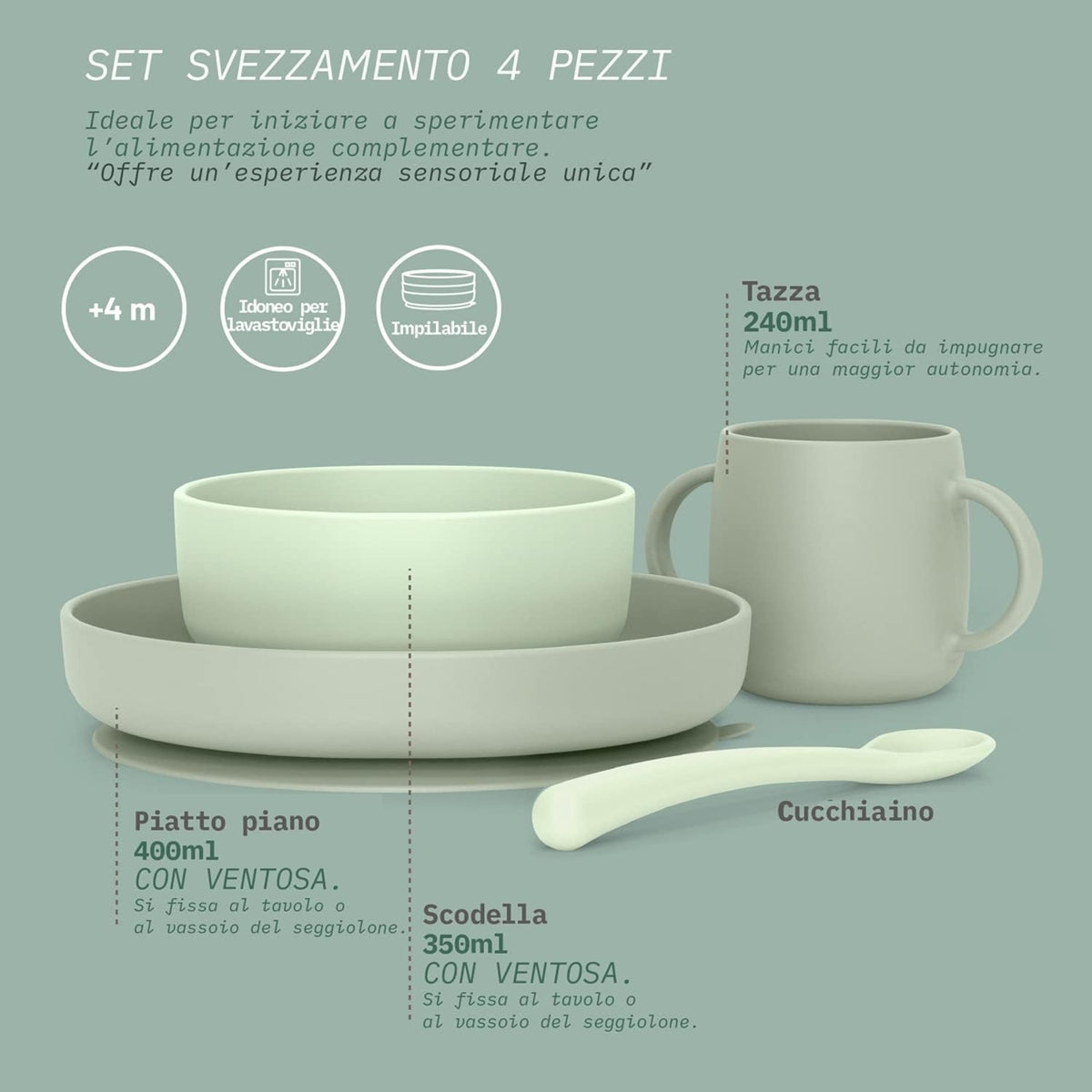 SUAVINEX Set de vajilla de silicona 4 piezas 4m+