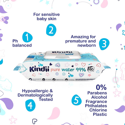 KINDII Pure Water 99 z vodo navlaženi robčki x60