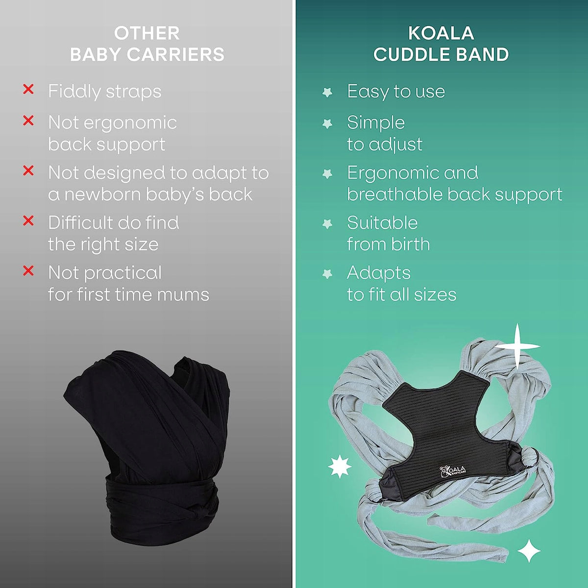 KOALA BABYCARE chusta do noszenia dziecka 2w1, łatwa w użyciu, ergonomiczne wsparcie pleców