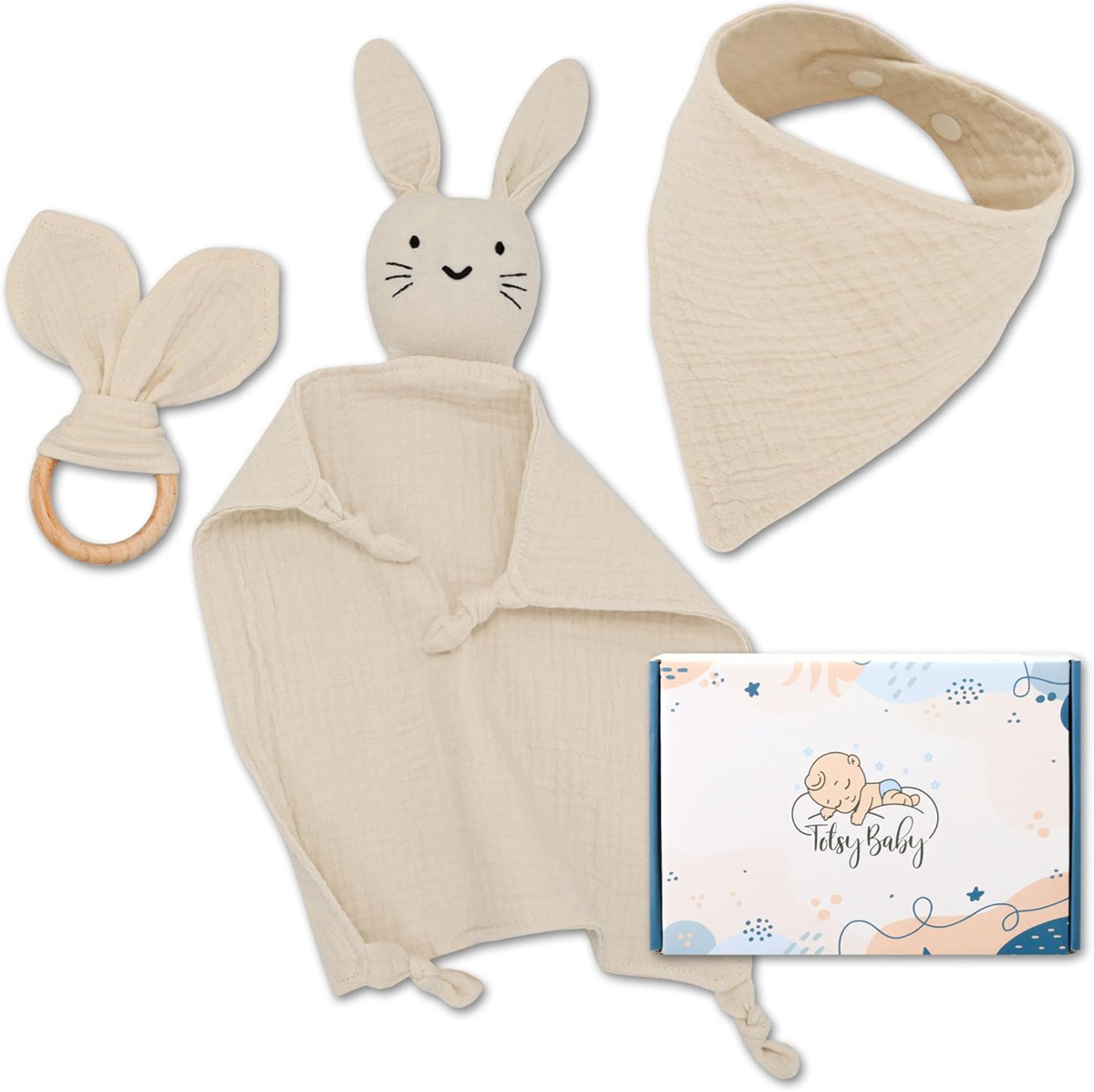 TOTSY BABY muslinasta ninica in slinček z lesenim grizalom 27x27 cm ZAJČEK
