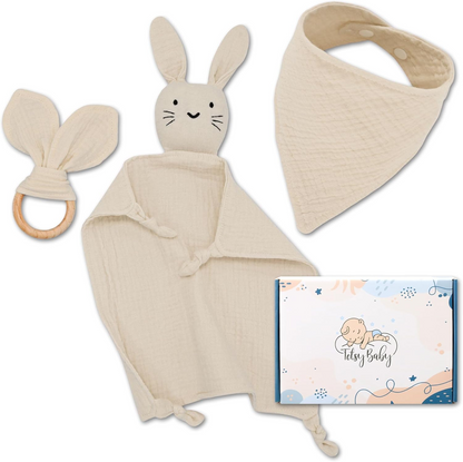 TOTSY BABY muslinasta ninica in slinček z lesenim grizalom 27x27 cm ZAJČEK