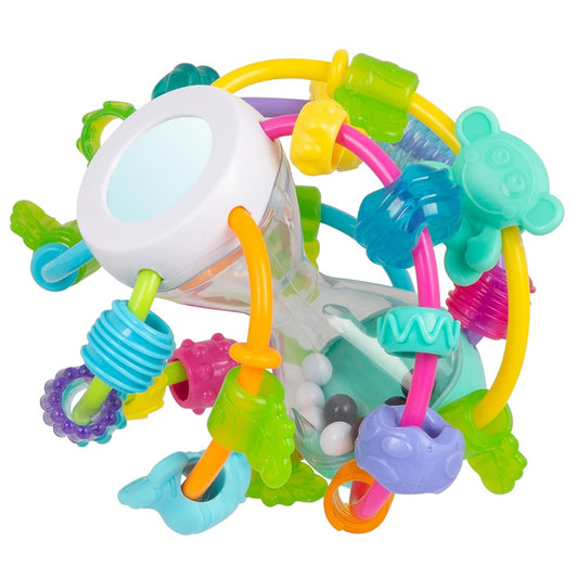 PLAYGRO Play and Learn Ball grizalo, prijemalo z ropotuljico in ogledalom 14 cm