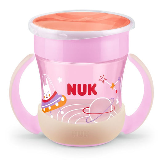 NUK Mini Magic Cup kubek niekapek 360° 160 ml 6 m+ świecący w ciemności, różowy kubek z uchwytami